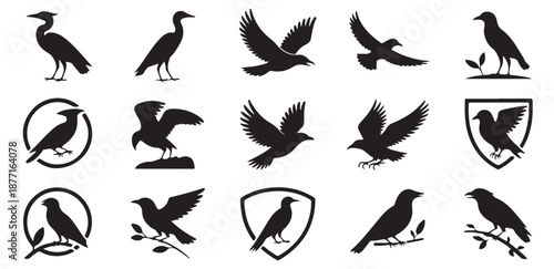 Collection of various bird silhouettes including flying standing and perched on branch raven crane designs