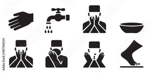Islamic wudu steps for purification icons showing hand face foot washing