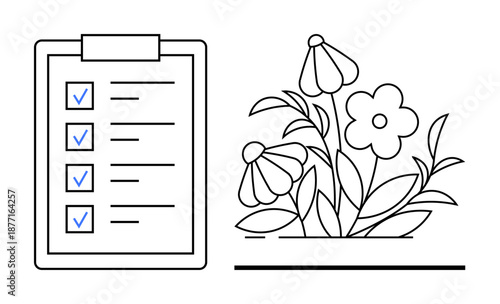 Organization, productivity, goal setting, environmental care, sustainable growth, creativity. A checklist with check marks beside blooming flowers. Organization and sustainable growth concept