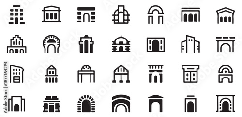 Architectural building icons set featuring various historic and modern structural silhouettes