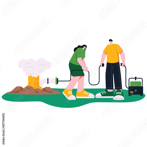 Green Energy Illustration. Vector illustration of People operating geothermal energy equipment for sustainable power generation. Isolated on background