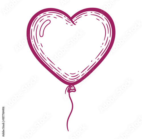 heart shaped pink balloon with string tied in a knot isolated on white background