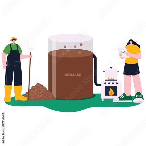 Green Energy Illustration. Vector illustration of biomass energy production showing organic waste processing into sustainable renewable power. Isolated on background