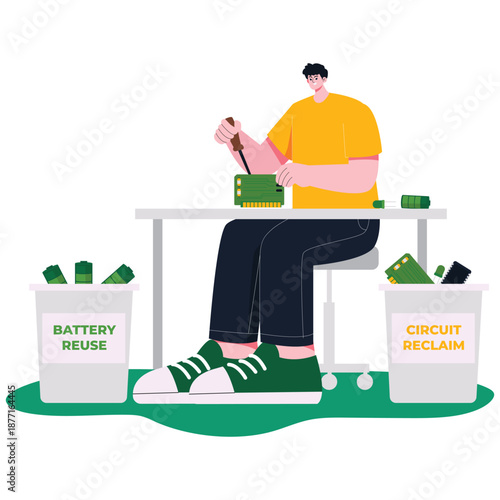Green Energy Illustration. Vector illustration of Recycling electronic components to recover materials and support sustainable energy practices. Isolated on background