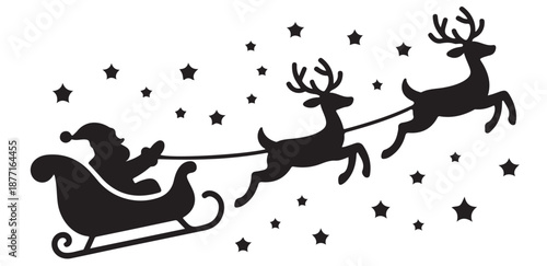 Santa claus sleigh pulled by two reindeer, flying amidst stars in christmas night sky