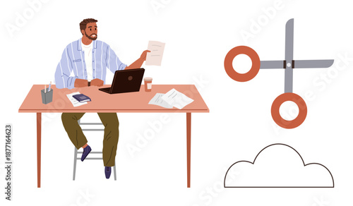 Cloud computing, data management, remote work, technology concepts, office work, decision-making. Man seated at desk with laptop, holding paper. Cloud computing and data management metaphor
