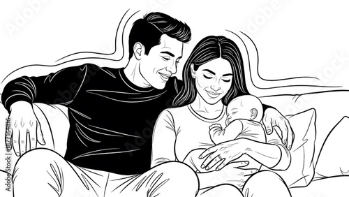 Black and White Line Art Illustration of Happy Parents Holding a Newborn Baby on a Sofa