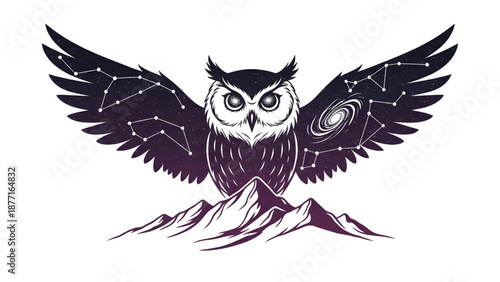 Mystical Owl with Constellation Wings and Mountain Landscape