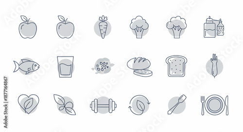 Healthy Food and Lifestyle Line Art Icons Set.