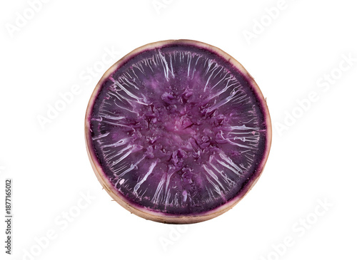 Close up of a cross section of a purple yam with transparent background