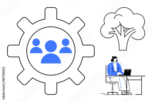 Teamwork concept. Gear with team icon collaboration and efficiency. Tree and person working remotely depict productivity, environmental balance, and modern workstyle. Ideal for business, remote work