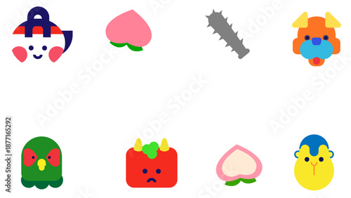 桃太郎と鬼のキャラクターが並ぶ日本昔話のかわいいイラスト素材