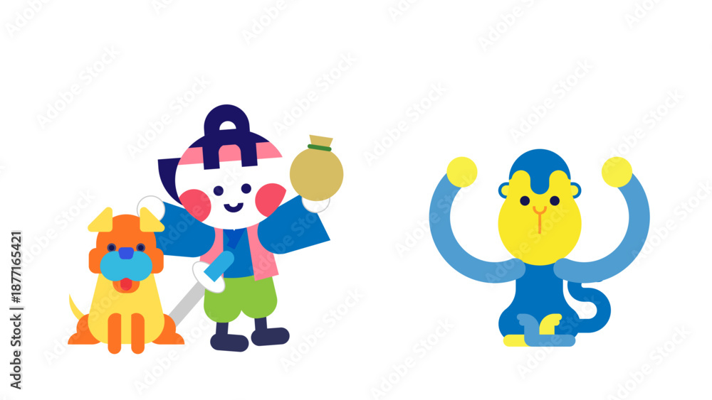 Obraz premium 宝を手にした桃太郎と仲間が喜ぶ日本昔話のかわいいイラスト