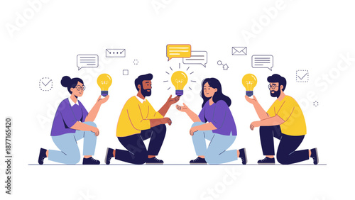 Teamwork, collaboration, and innovation: people sharing ideas with lightbulbs