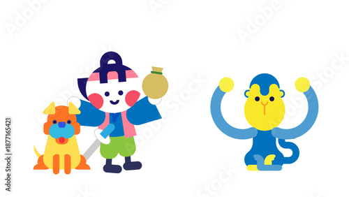 宝を手にした桃太郎と仲間が喜ぶ日本昔話のかわいいイラスト