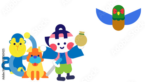 宝を持って帰る桃太郎と仲間たちの日本昔話イラスト