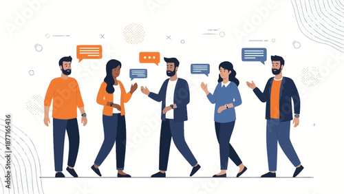 Diverse group of people engaged in conversation with speech bubbles