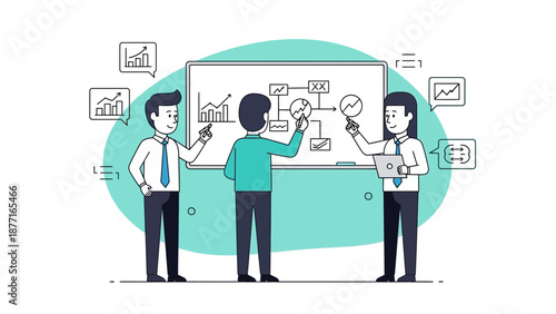 Business Team Planning Strategy on Whiteboard with Charts and Diagrams