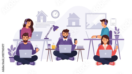 Diverse people working remotely from home with laptops and coffee