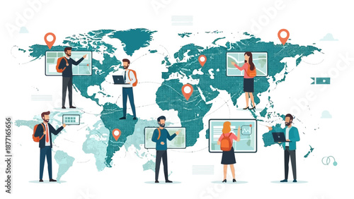 Global business network connecting people and data on world map