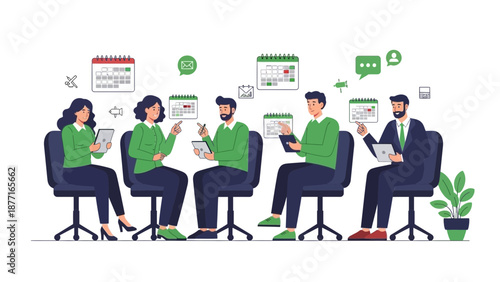 Business meeting with calendars, tablets, and communication icons