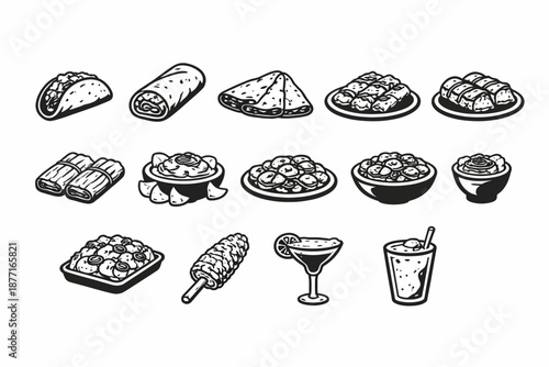 Comida mexicana en íconos minimalistas