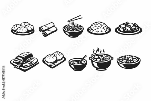 Iconos de cocina china en blanco y negro