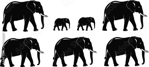 Elephant silhouettes family walking set with adults and baby elephants wildlife safari animals black vector illustration isolated on white background