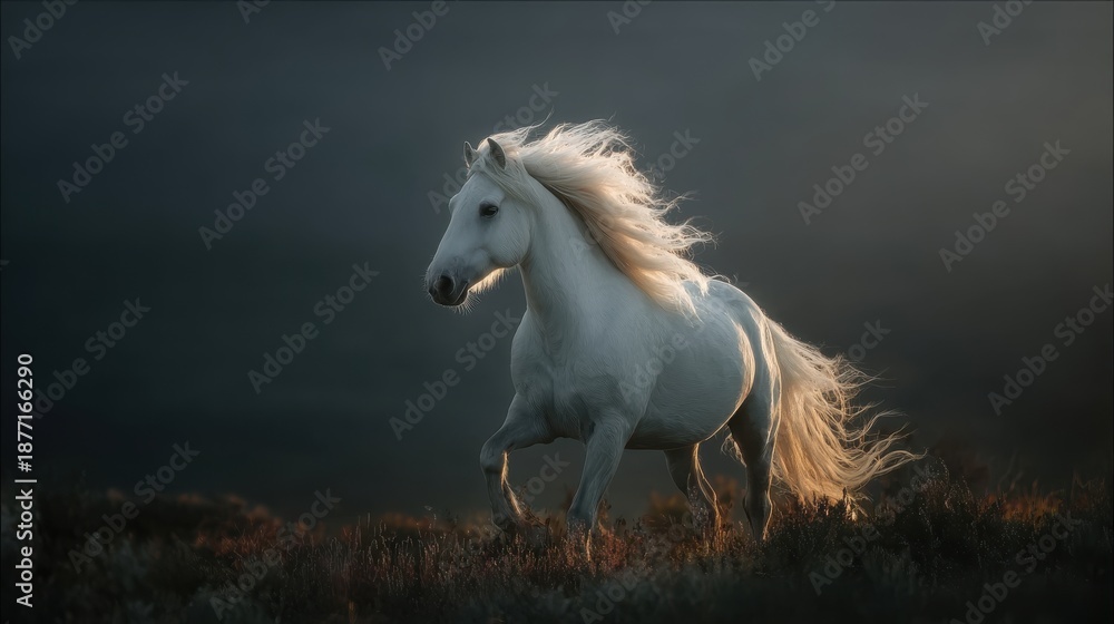 Obraz premium White pony with flowing mane illuminated by sunset