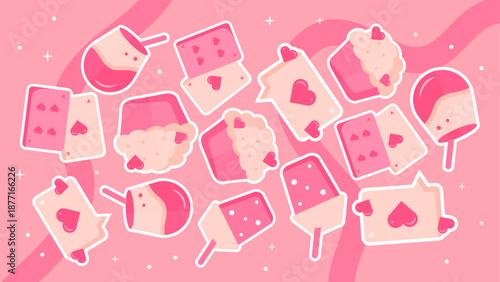 Sweet pink pattern design with playing cards ice cream popsicles and message icons