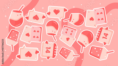 Detailed pink pattern with February 14th calendars playing cards and sweet drinks
