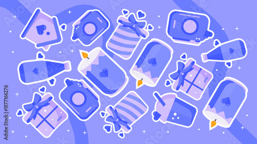 Aesthetic purple seamless pattern featuring romantic icons like candles birdhouses and gift boxes for digital backgrounds