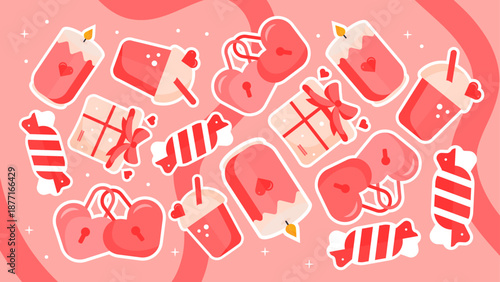 Sweet valentine pattern with wrapped candies burning candles and heart padlocks