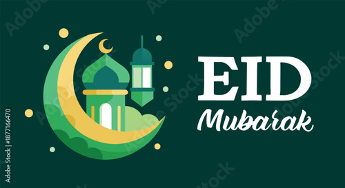 A beautiful eid mubarak greeting card with an islamic mosque and crescent moon design