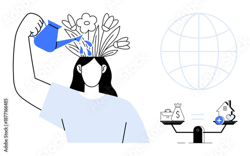 Mental growth concept. Woman watering flowers creativity and development. Mental growth connects to global awareness and financial balance. For self-care, education, finance, well-being