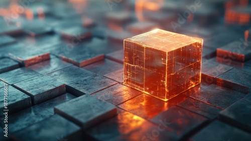 Luminous core A vibrant, glowing transparent cube on a dark, structured geometric grid, symbolizing data, innovation, and powerful solutions in a technological system