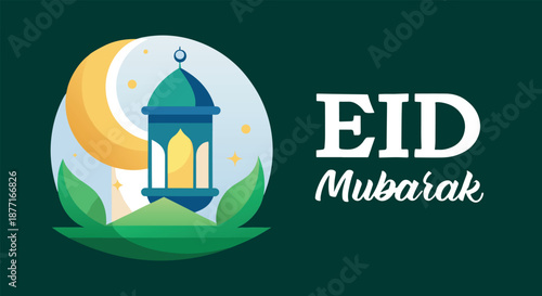 A beautiful eid mubarak greeting with a traditional lantern, crescent moon, and stars