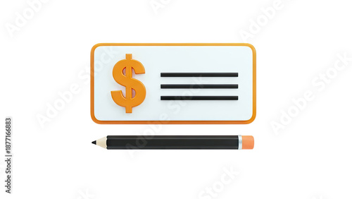 3D Illustration of a Dollar Sign on a Check and a Pencil