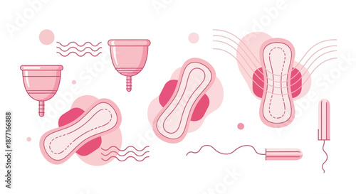 Feminine hygiene products in delicate pink tones representing menstrual health and wellbeing for
