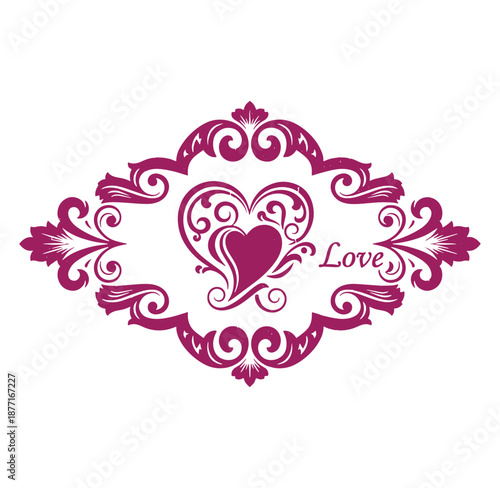 Pink heart shaped love symbol with ornate swirling floral patterns and decorative border