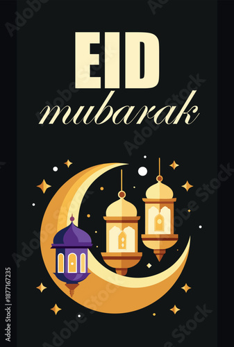 Eid mubarak celebration with crescent moon and traditional lanterns in a festive night sky