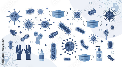 Protection against virus and bacteria, covid prevention methods and healthcare concept, flat