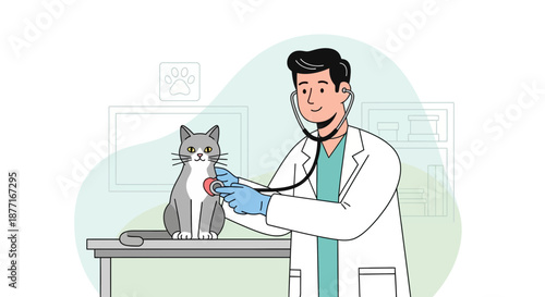 Veterinarian carefully examines a cute cat with a stethoscope in a clinic setting for health and