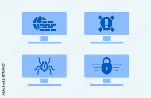Computer security and firewall icons. Minimalist digital protection and malware detection set. cybersecurity icon set on computer monitors. Symbols for network firewall, system alerts, malware detect