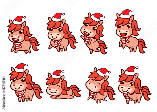 Happy chinese new year horse set. Cute kawaii red horse.