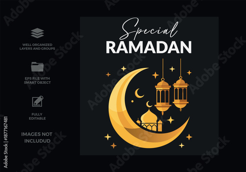Special ramadan greetings with golden crescent moon, mosque and traditional lanterns on a dark background