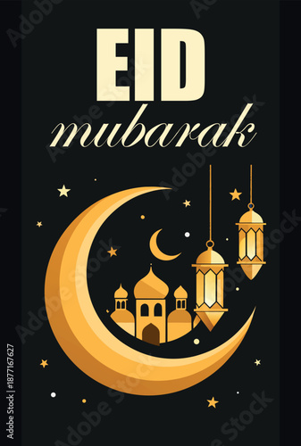 Eid mubarak greeting card with golden mosque, crescent moon, and lanterns