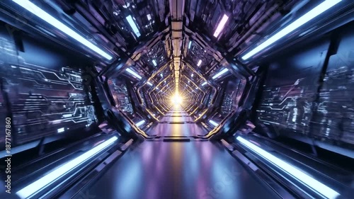 Futuristic technology space station interior.