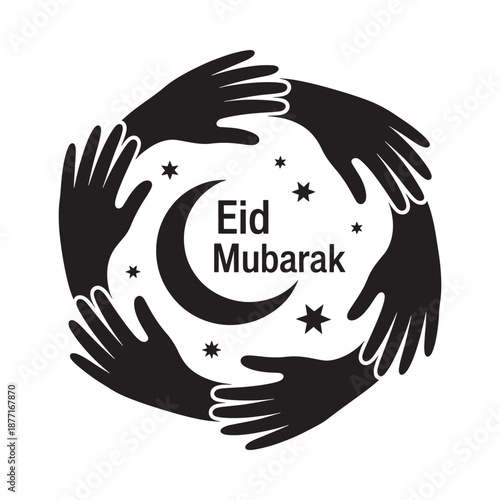 Eid Mubarak greeting with hands forming a circle around a crescent moon and stars