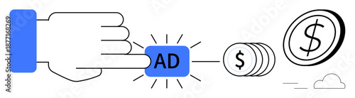 Online advertising, digital marketing, monetization strategies, PPC campaigns, ad revenue, business growth. A hand pressing an Ad button connected to coins and dollar signs. Online advertising